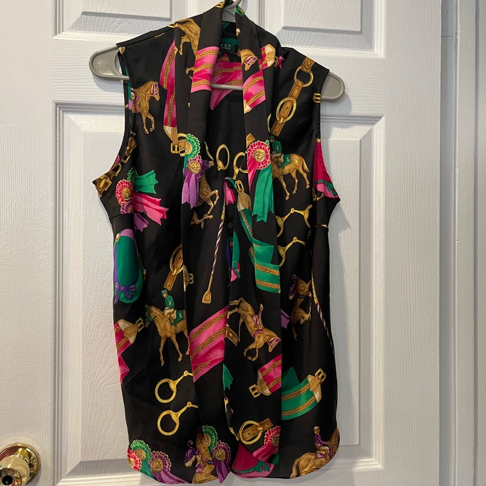 ralph lauren green label equestrian print silky soft button up sleeveless top
